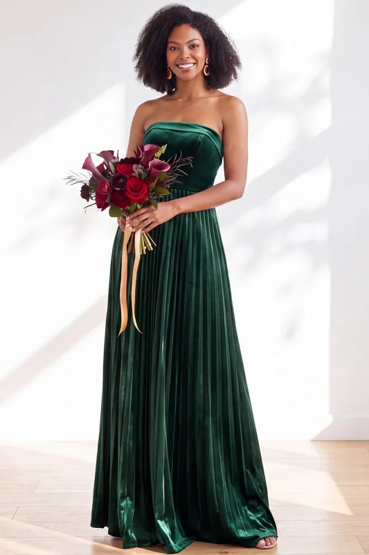Strapless Velvet Pleated A Line Dark Green Bridesmaid Dress made by Wedtrend
