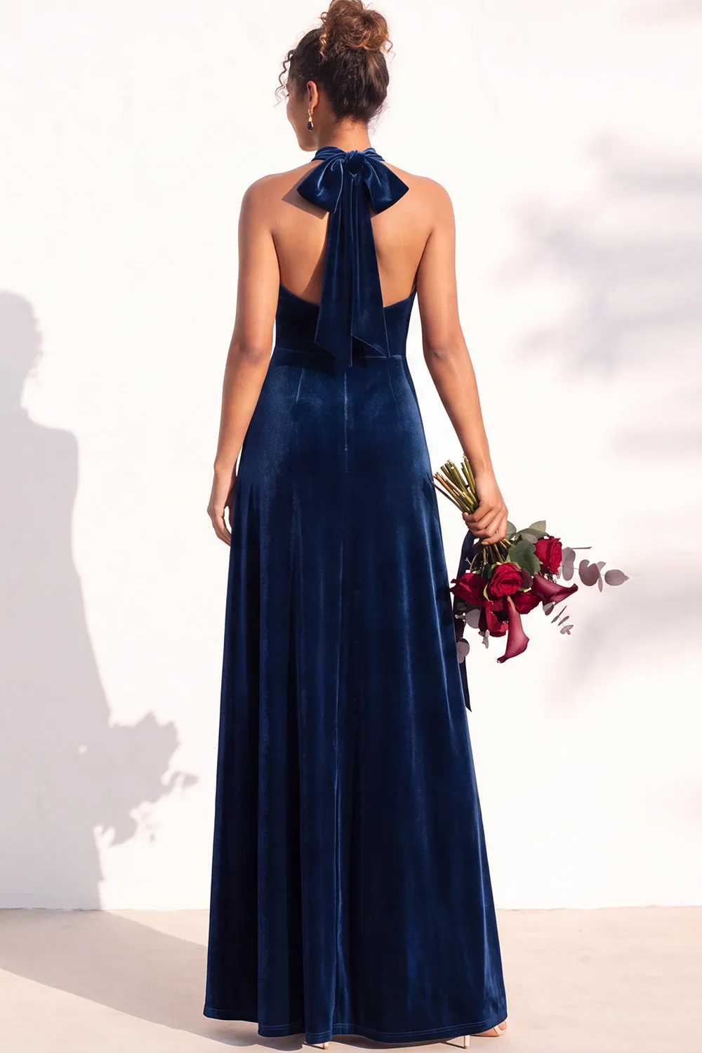 Halter Velvet A Line Navy Bridesmaid Dress sold by Wedtrend product image thumbnail 2