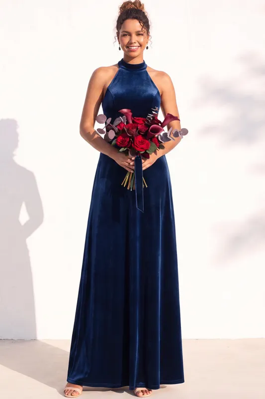 Halter Velvet A Line Navy Bridesmaid Dress made by Wedtrend