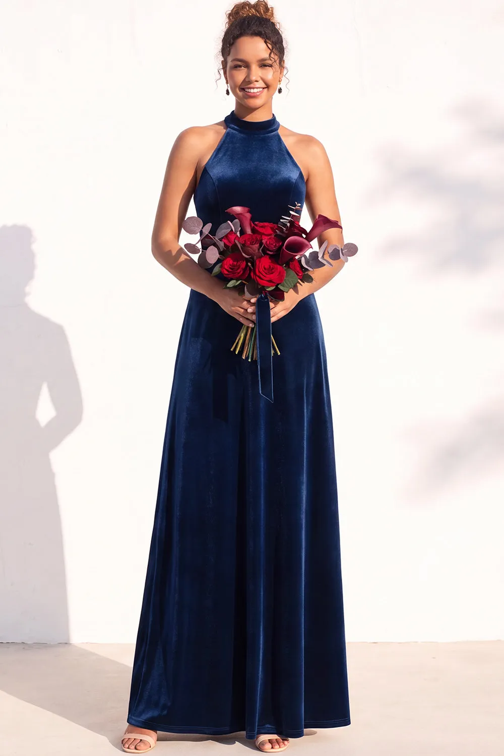 Halter Velvet A Line Navy Bridesmaid Dress sold by Wedtrend