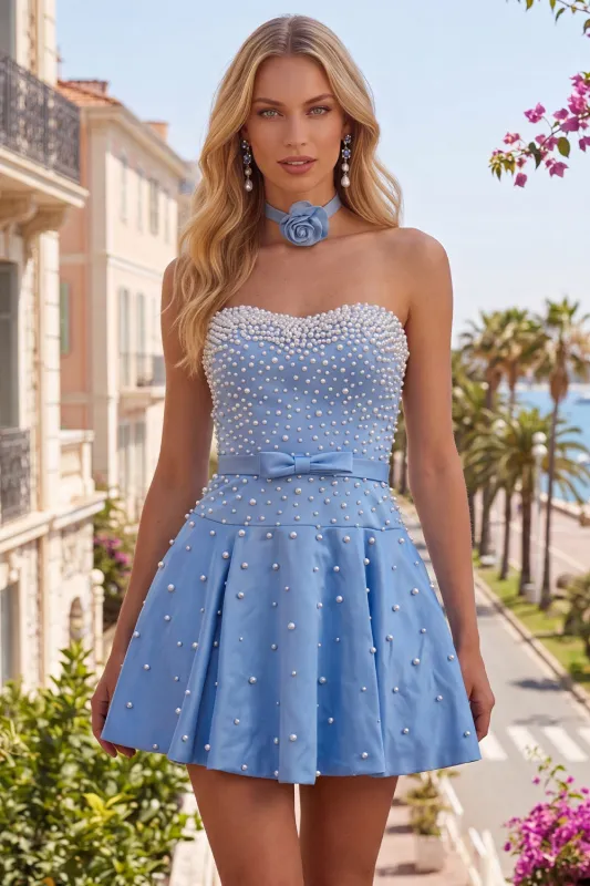 Blue Sweetheart Pearl A Line Short Homecoming Dress with Choker made by Wedtrend