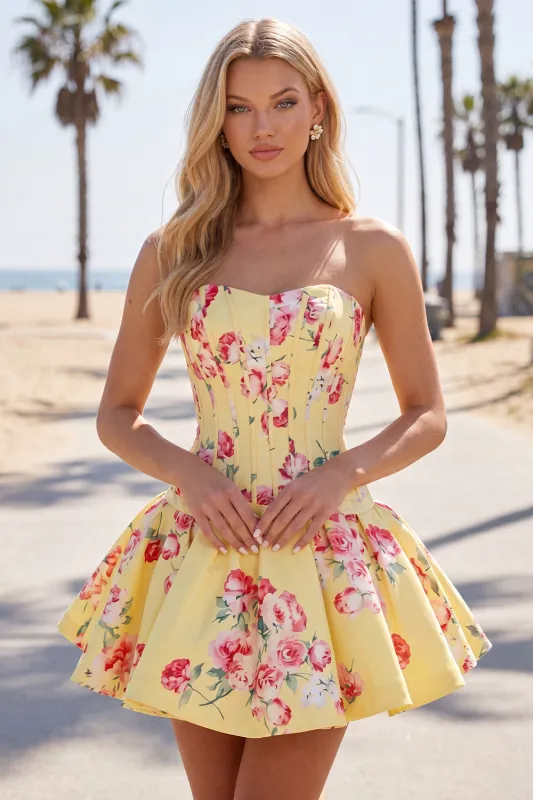 Sweetheart Corset Yellow Floral A Line Homecoming Dress made by Wedtrend