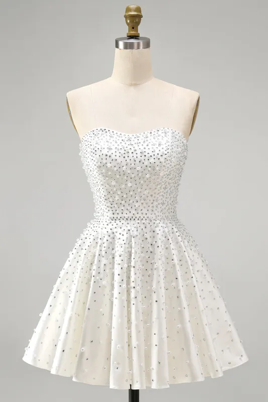 White Strapless A Line Pearl Short Homecoming Dress with Beading made by Wedtrend