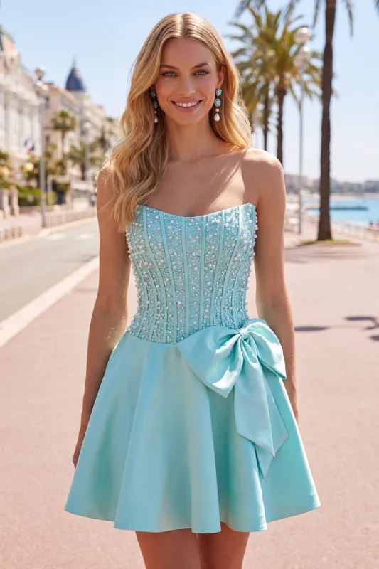 Blue Strapless Pearl Corset A Line Homecoming Dress with Bow made by Wedtrend