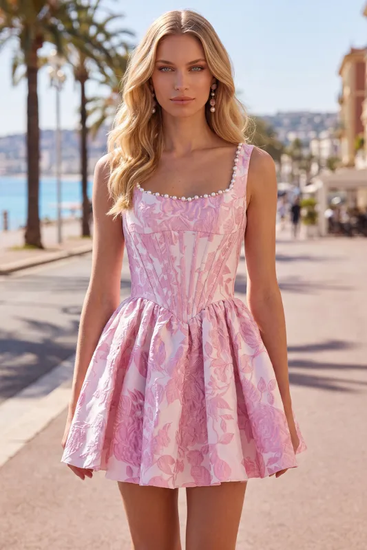 Pink Jacquard A Line Square Neck Corset Homecoming Dress with Pearls made by Wedtrend