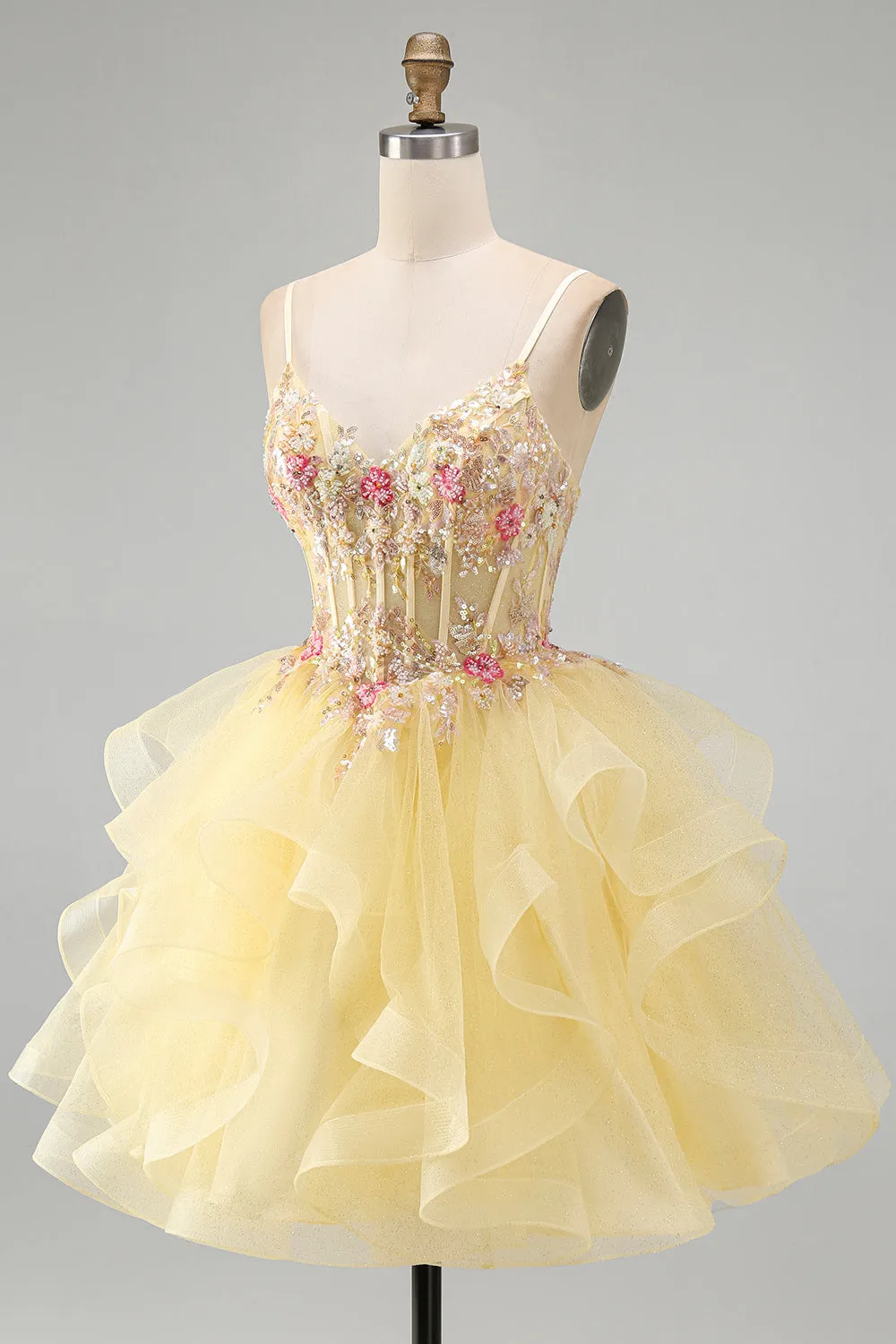 Glitter Yellow Ruffle A Line Beaded Sequin Corset Homecoming Dress sold by Wedtrend product image thumbnail 3