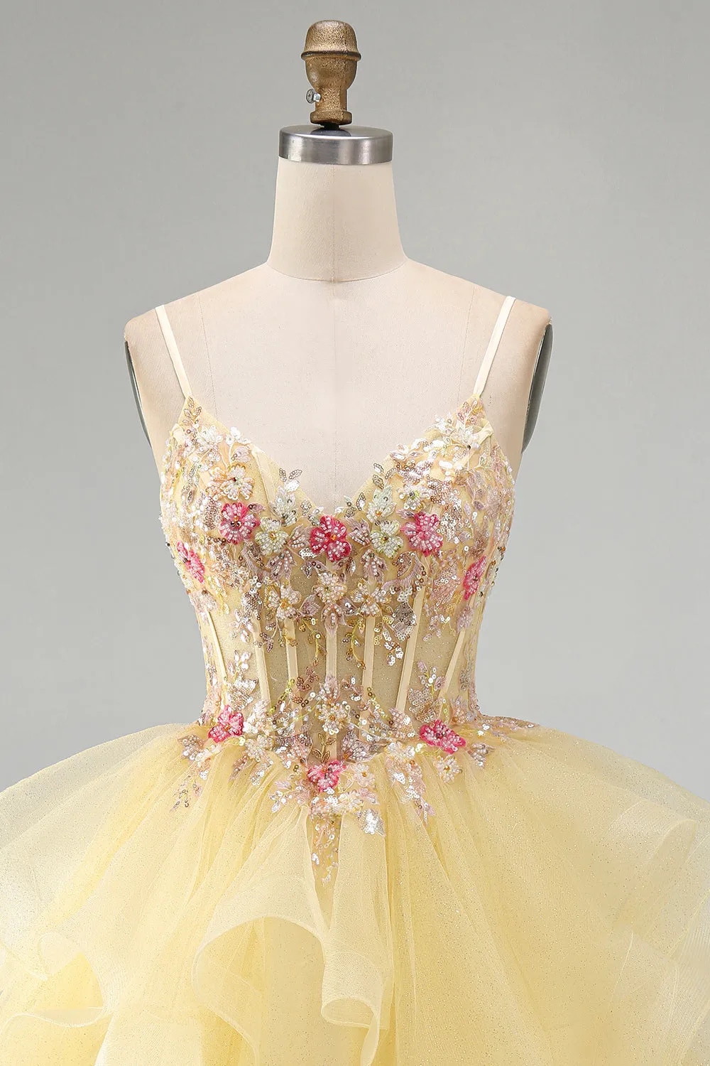 Glitter Yellow Ruffle A Line Beaded Sequin Corset Homecoming Dress sold by Wedtrend product image thumbnail 4