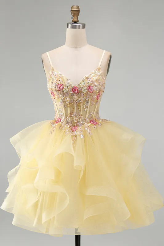 Glitter Yellow Ruffle A Line Beaded Sequin Corset Homecoming Dress made by Wedtrend
