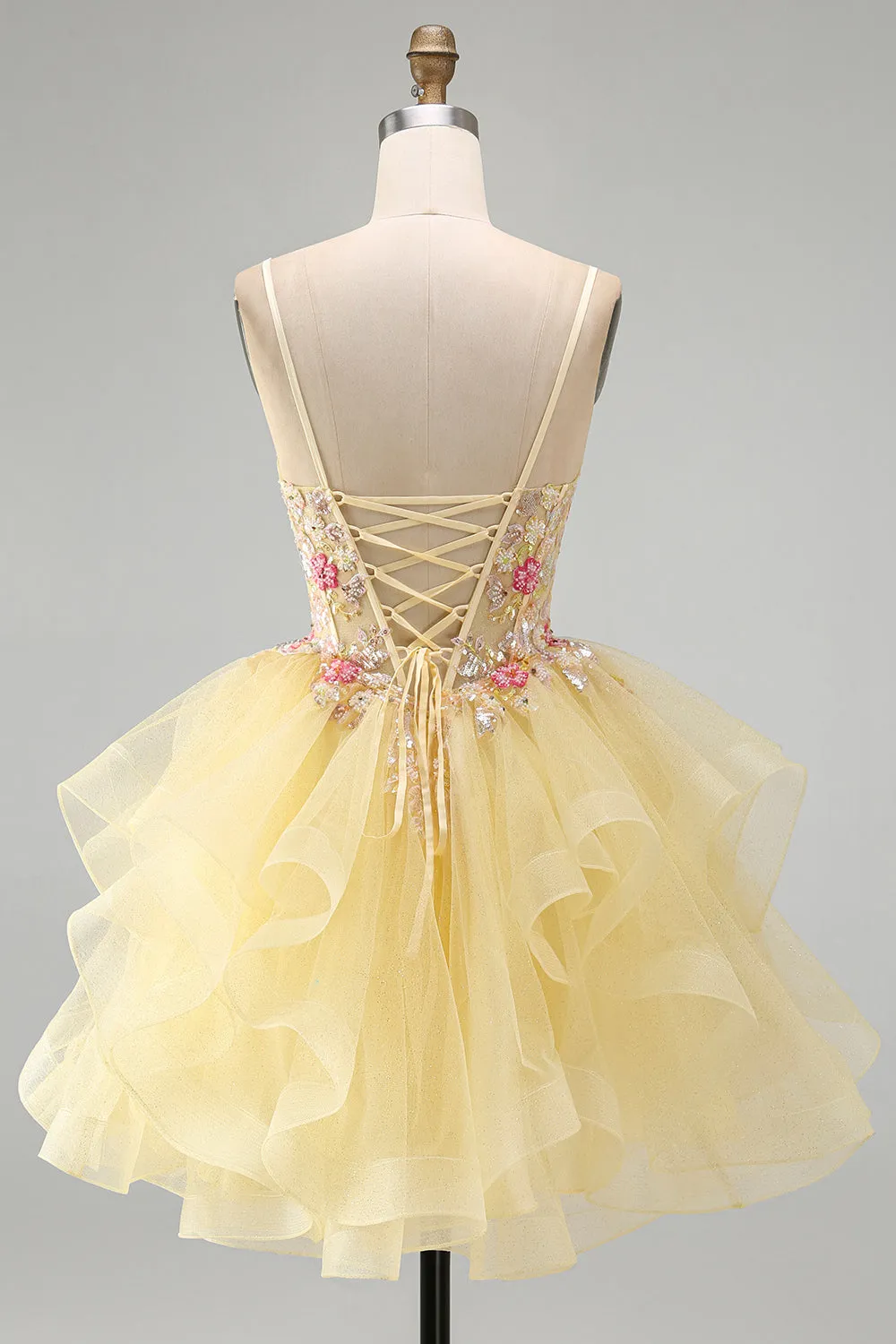 Glitter Yellow Ruffle A Line Beaded Sequin Corset Homecoming Dress sold by Wedtrend product image thumbnail 2