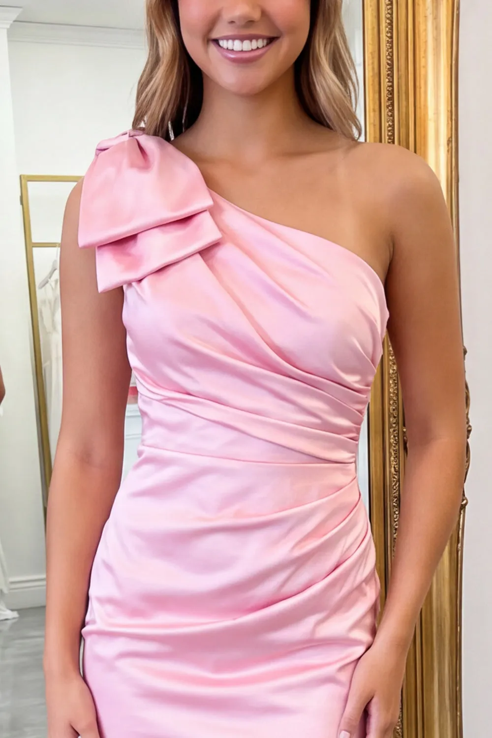 One Shoulder Bow Satin Ruched Bodycon Pink Homecoming Dress sold by Wedtrend product image thumbnail 3