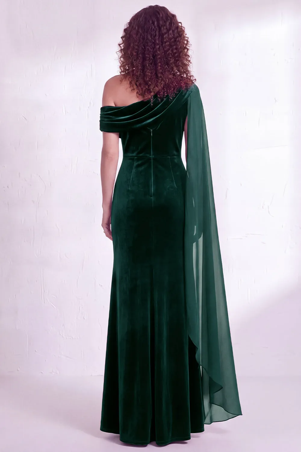 Dark Green Velvet Asymmetrical Neck Sheath Maxi Dress with Cape Sleeve sold by Wedtrend product image thumbnail 2