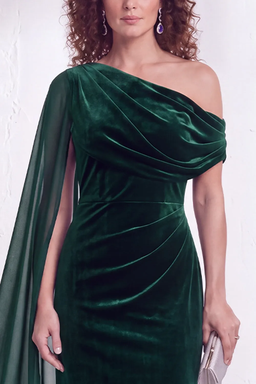 Dark Green Velvet Asymmetrical Neck Sheath Maxi Dress with Cape Sleeve sold by Wedtrend product image thumbnail 3