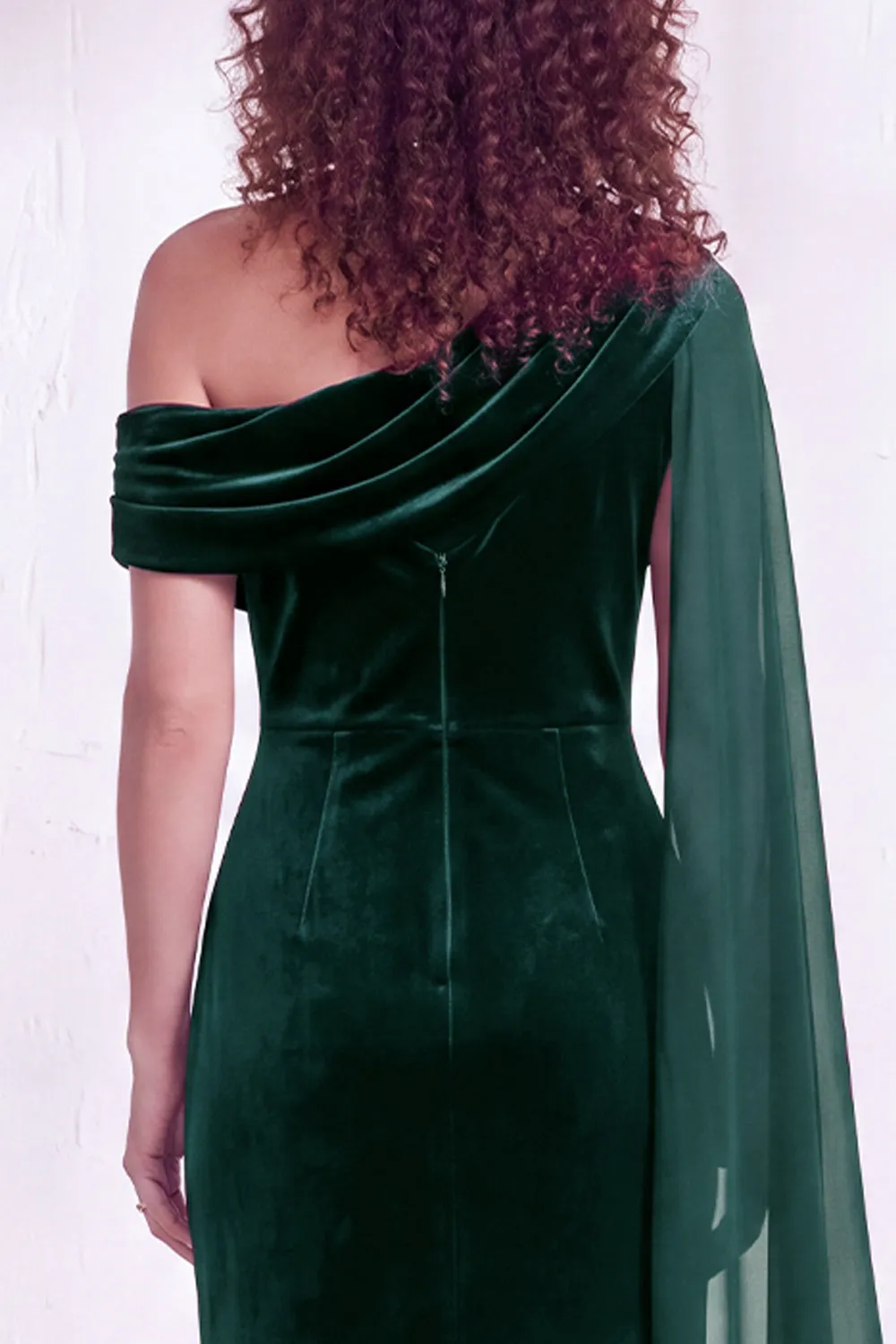 Dark Green Velvet Asymmetrical Neck Sheath Maxi Dress with Cape Sleeve sold by Wedtrend product image thumbnail 4