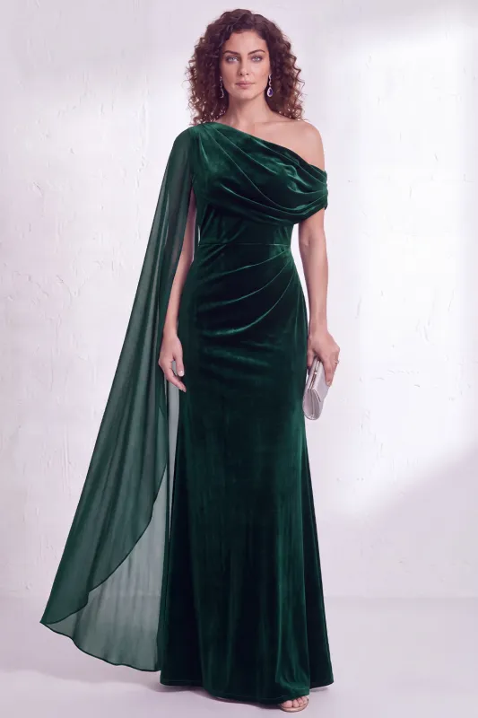Dark Green Velvet Asymmetrical Neck Sheath Maxi Dress with Cape Sleeve made by Wedtrend