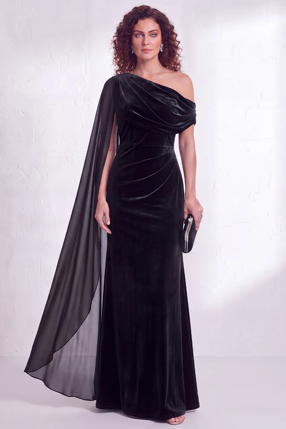Dark Green Velvet Asymmetrical Neck Sheath Maxi Dress with Cape Sleeve sold by Wedtrend product image thumbnail 5