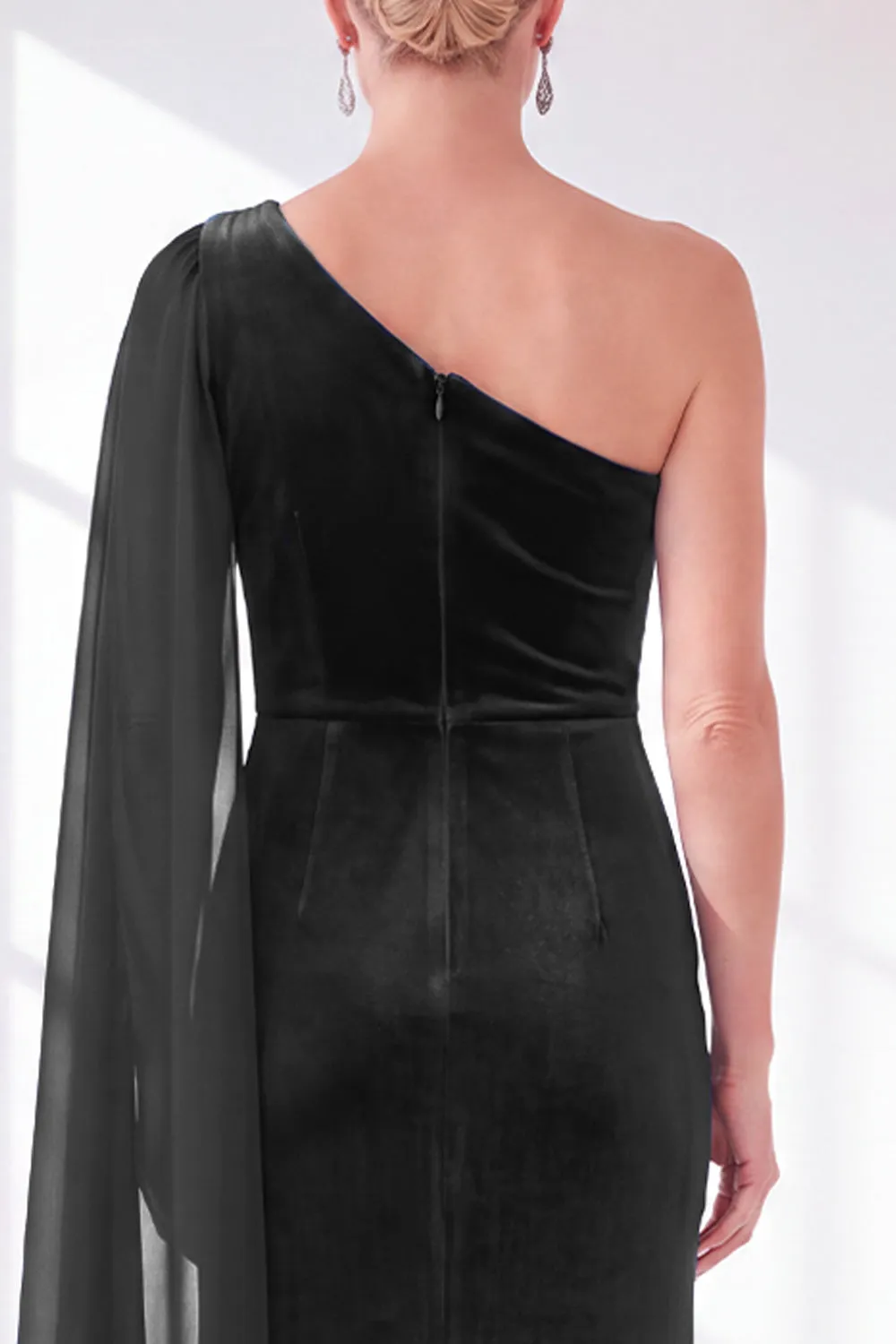 One Shoulder Velvet Sheath Black Maxi Dress with Cape Sleeve sold by Wedtrend product image thumbnail 4