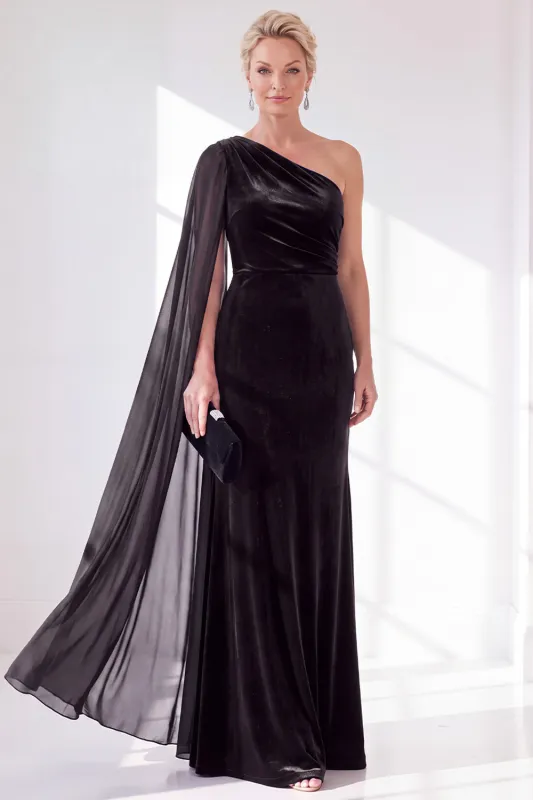 One Shoulder Velvet Sheath Black Maxi Dress with Cape Sleeve made by Wedtrend