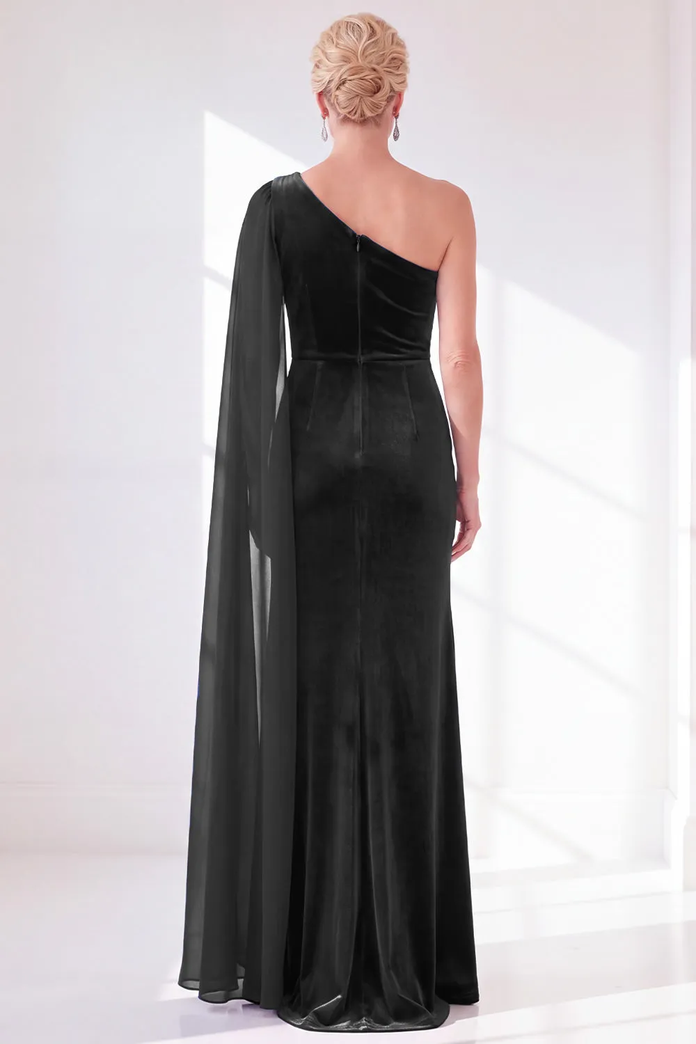 One Shoulder Velvet Sheath Black Maxi Dress with Cape Sleeve sold by Wedtrend product image thumbnail 2