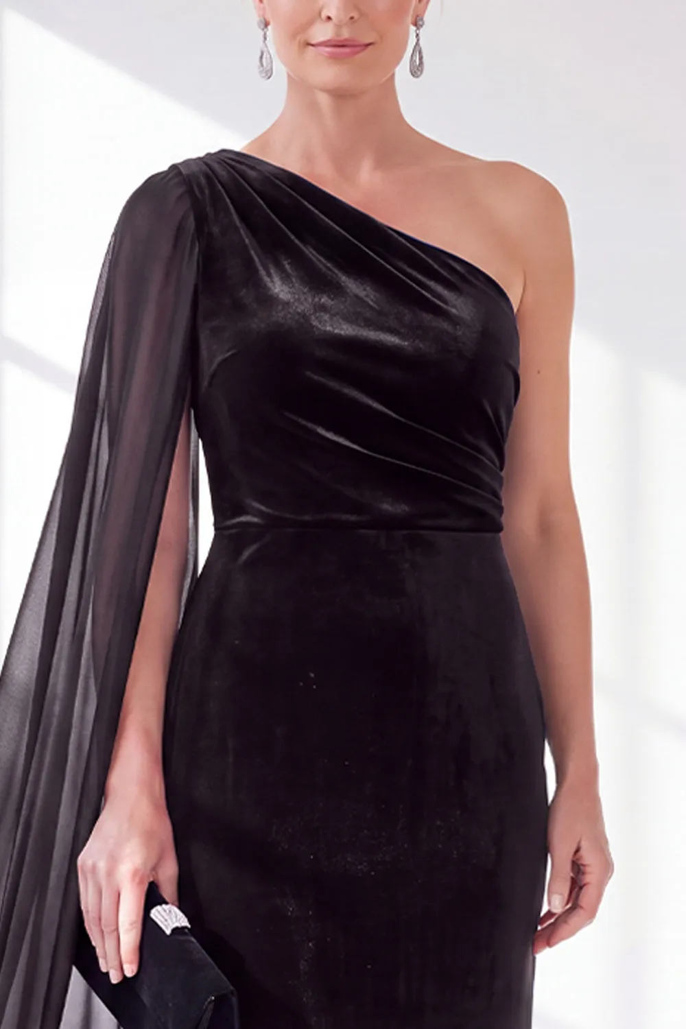 One Shoulder Velvet Sheath Black Maxi Dress with Cape Sleeve sold by Wedtrend product image thumbnail 3