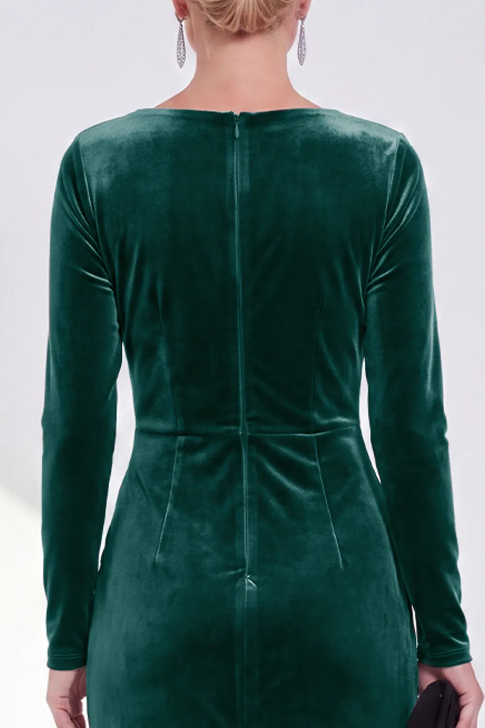Dark Green Bateau Neck Velvet Midi Mother of the Bride Dress with Long Sleeves sold by Wedtrend product image thumbnail 4