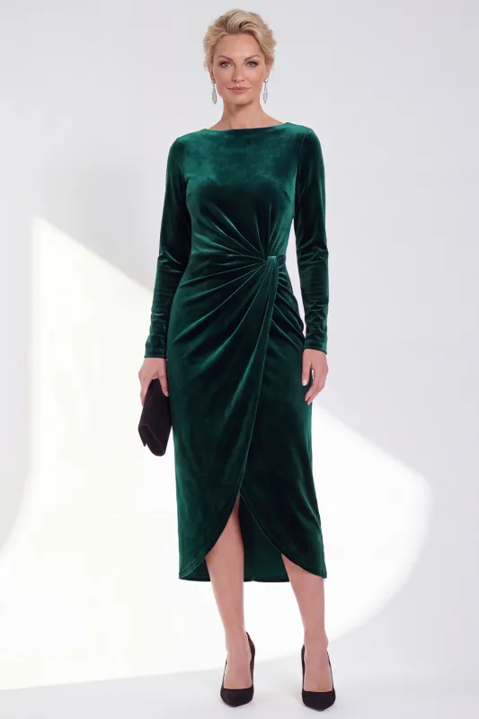 Dark Green Bateau Neck Velvet Midi Mother of the Bride Dress with Long Sleeves made by Wedtrend