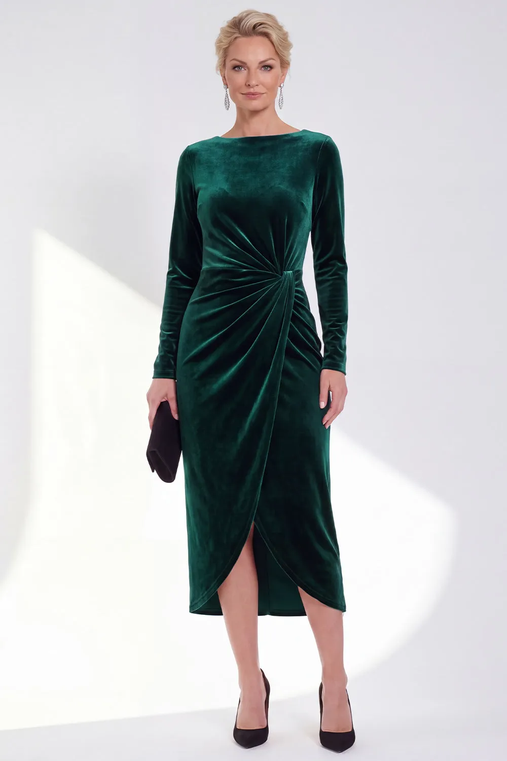 Dark Green Bateau Neck Velvet Midi Mother of the Bride Dress with Long Sleeves sold by Wedtrend