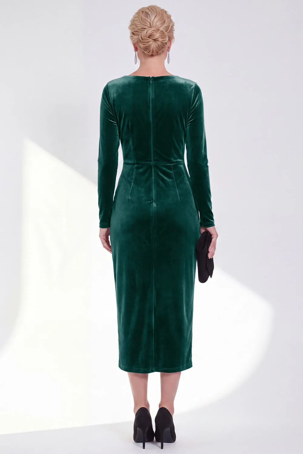 Dark Green Bateau Neck Velvet Midi Mother of the Bride Dress with Long Sleeves sold by Wedtrend product image thumbnail 2