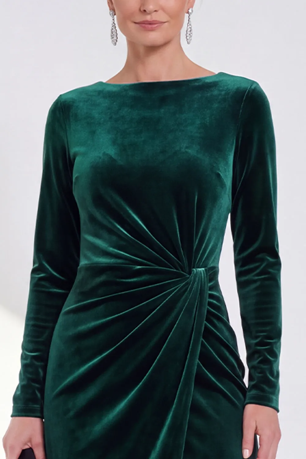 Dark Green Bateau Neck Velvet Midi Mother of the Bride Dress with Long Sleeves sold by Wedtrend product image thumbnail 3