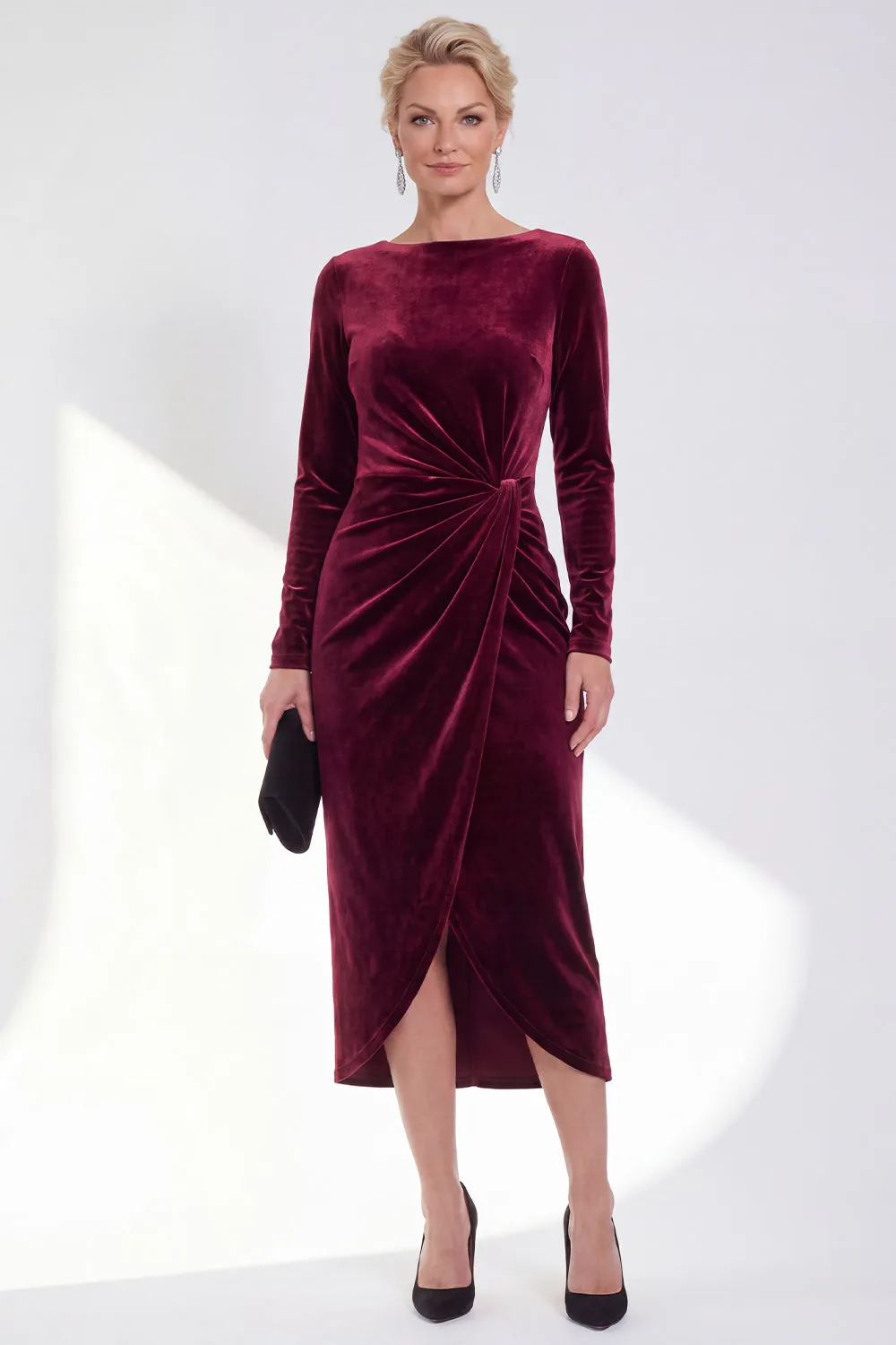 Dark Green Bateau Neck Velvet Midi Mother of the Bride Dress with Long Sleeves sold by Wedtrend product image thumbnail 5