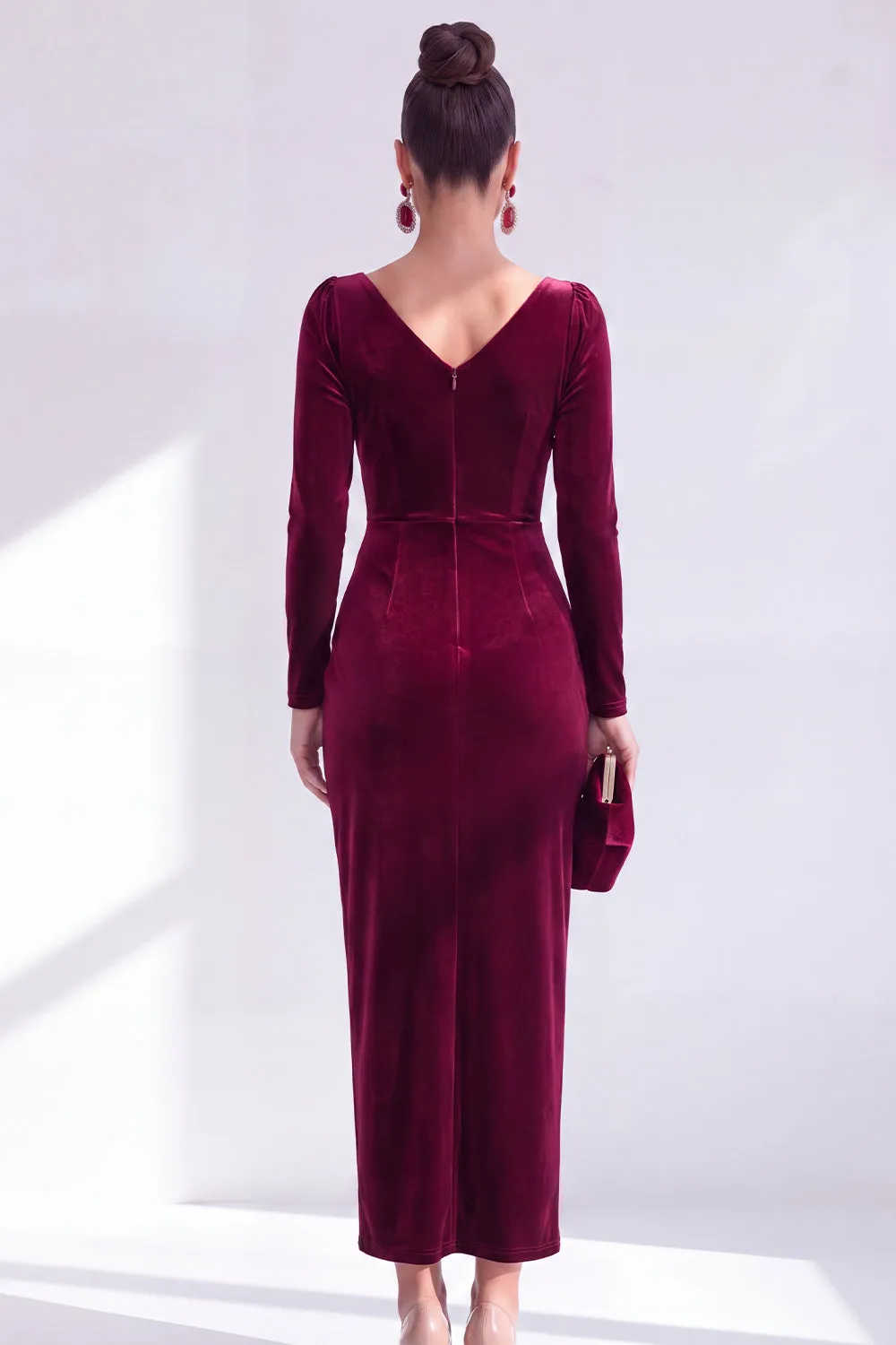 Burgundy Velvet Cowl Neck Ruched Long Sleeve Fall Wedding Guest Dress sold by Wedtrend product image thumbnail 2
