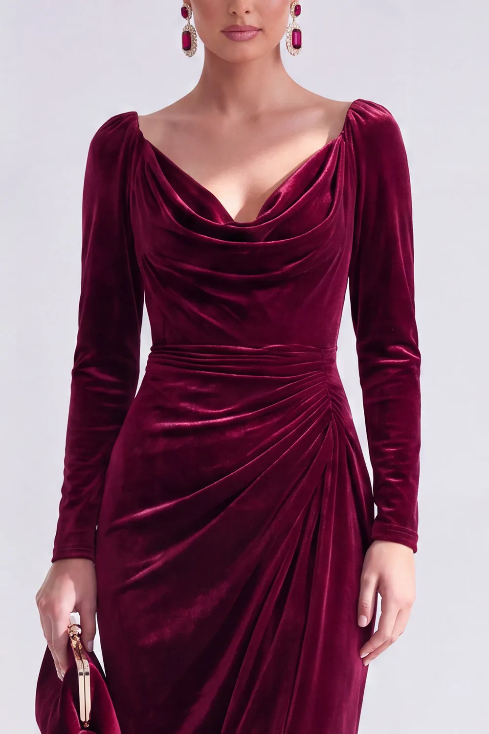 Burgundy Velvet Cowl Neck Ruched Long Sleeve Fall Wedding Guest Dress sold by Wedtrend product image thumbnail 3