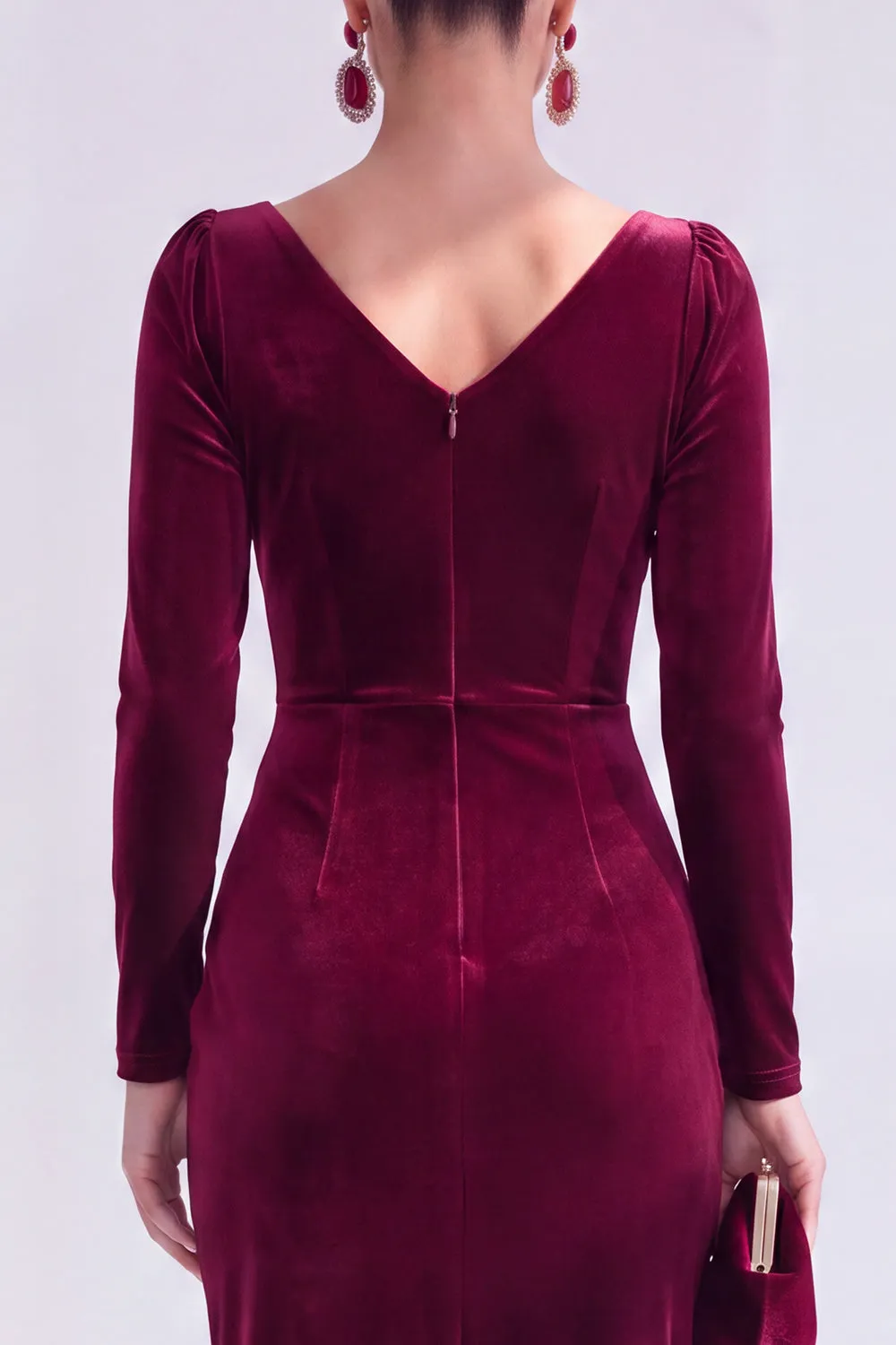 Burgundy Velvet Cowl Neck Ruched Long Sleeve Fall Wedding Guest Dress sold by Wedtrend product image thumbnail 4