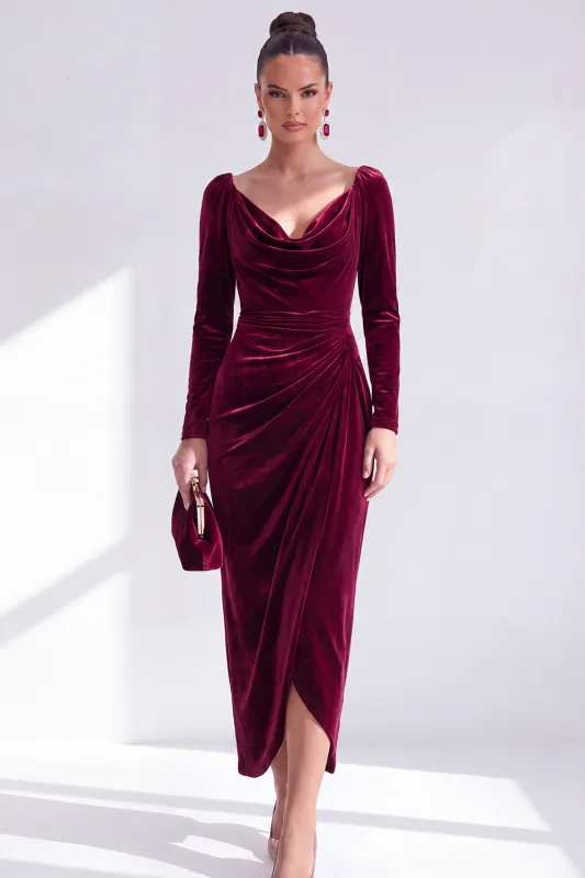 Burgundy Velvet Cowl Neck Ruched Long Sleeve Fall Wedding Guest Dress made by Wedtrend