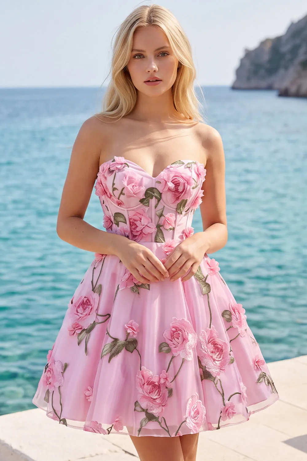 Pink 3D Flower Corset Sweetheart A Line Homecoming Dress sold by Wedtrend