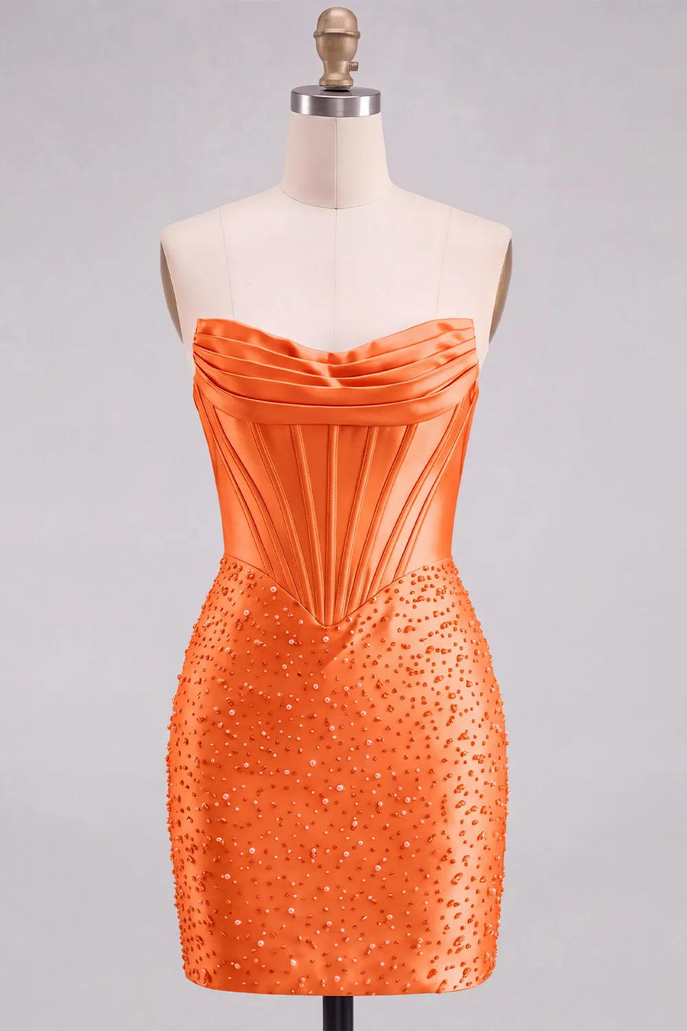 Strapless Orange Corset Beaded Pearl Bodycon Homecoming Dress sold by Wedtrend product image thumbnail 3