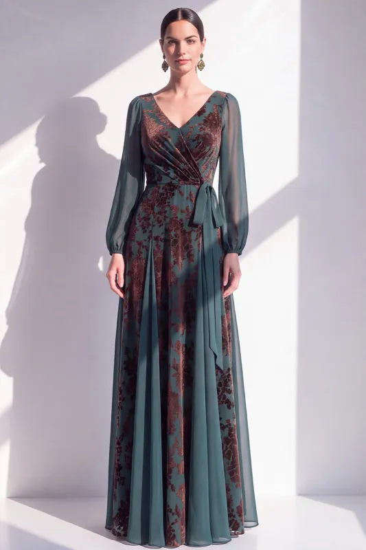 Dark Green A Line Burnout Velvet Long Sleeve Mother of the Bride Dress made by Wedtrend