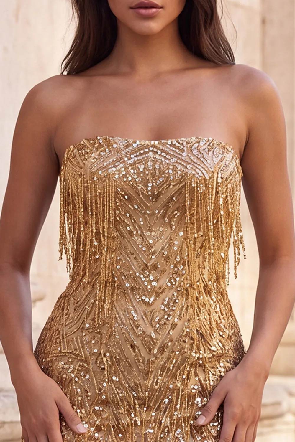 Gold Strapless Bodycon Fringed Short Homecoming Dress with Sequins sold by Wedtrend product image thumbnail 3