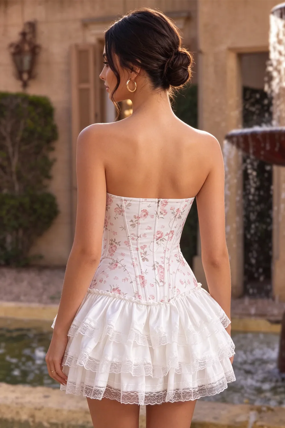 Strapless White Pink Flower Corset Tiered A Line Homecoming Dress sold by Wedtrend product image thumbnail 2