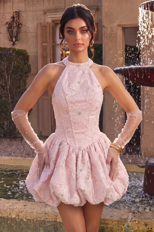 Pink Halter A Line 3D Floral Beaded Corset Homecoming Dress made by Wedtrend
