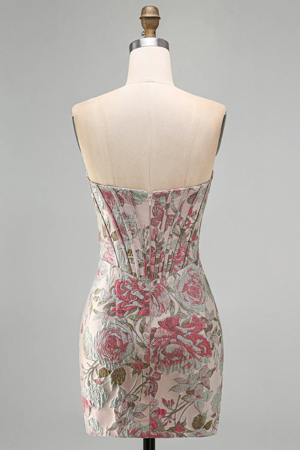 Floral Pink Strapless Jacquard Corset Bodycon Homecoming Dress sold by Wedtrend product image thumbnail 2