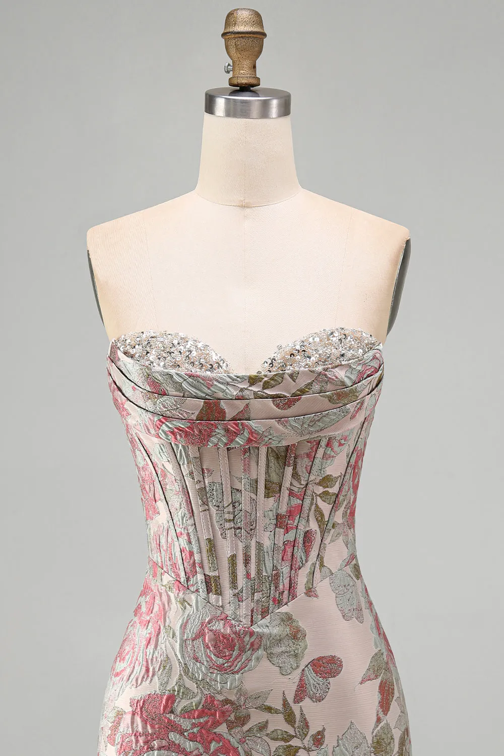 Floral Pink Strapless Jacquard Corset Bodycon Homecoming Dress sold by Wedtrend product image thumbnail 4