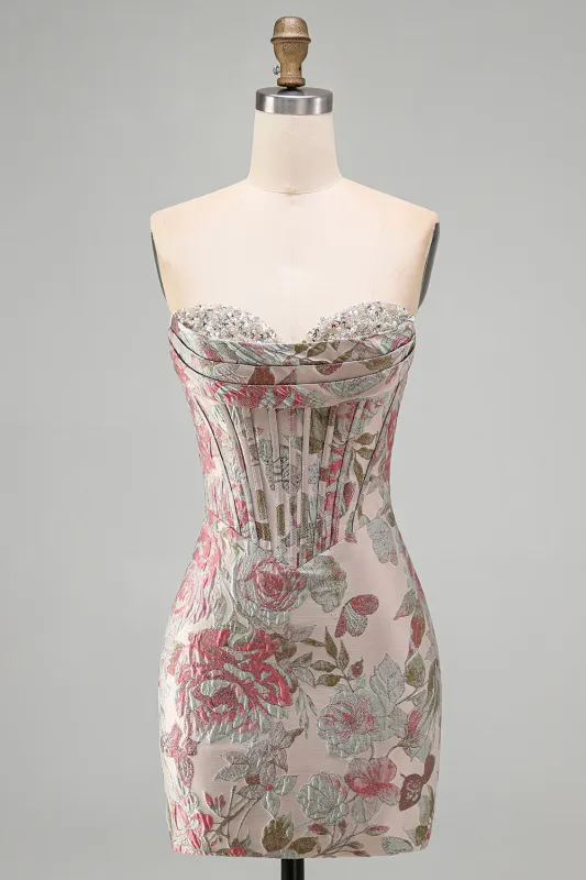 Floral Pink Strapless Jacquard Corset Bodycon Homecoming Dress made by Wedtrend