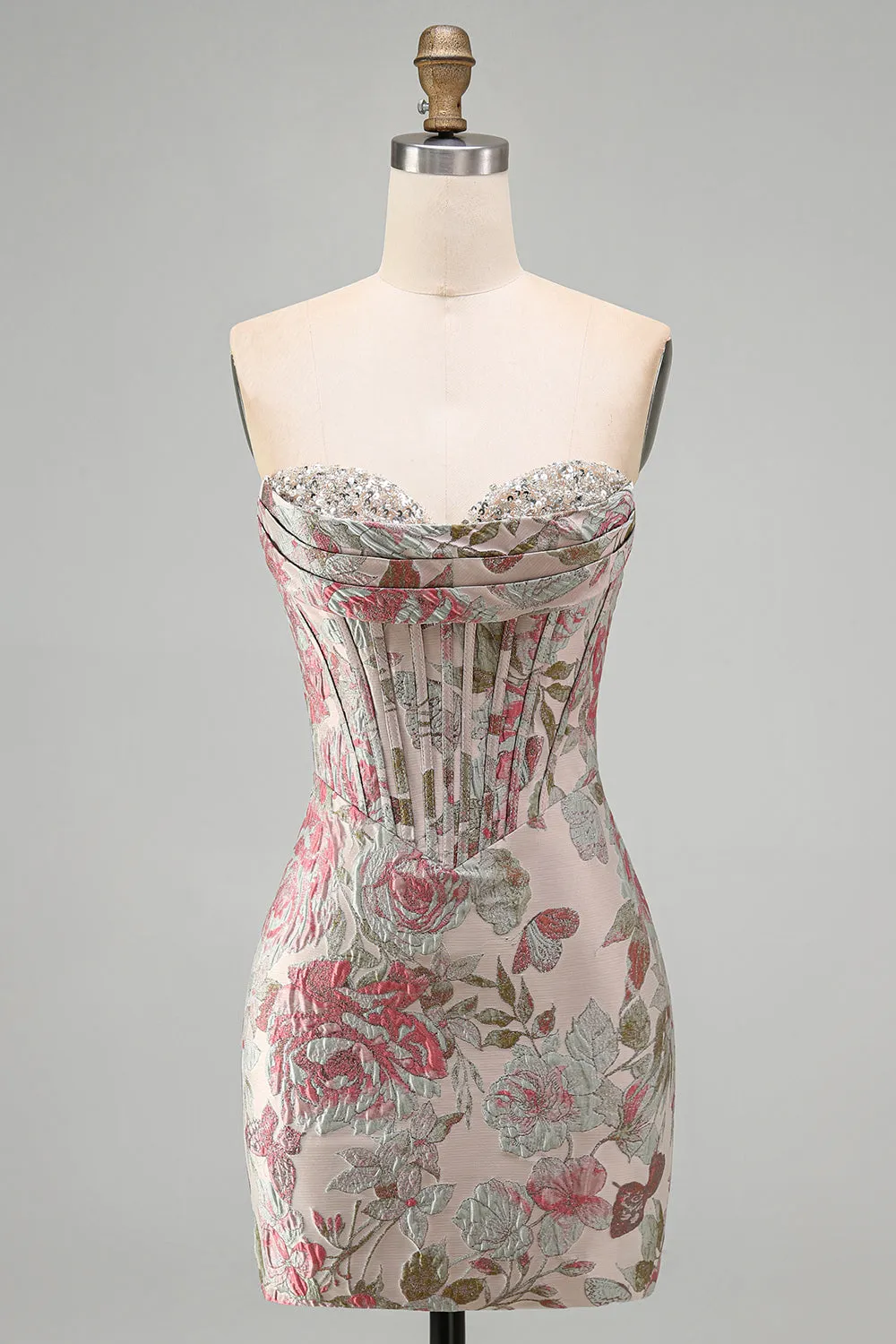 Floral Pink Strapless Jacquard Corset Bodycon Homecoming Dress sold by Wedtrend