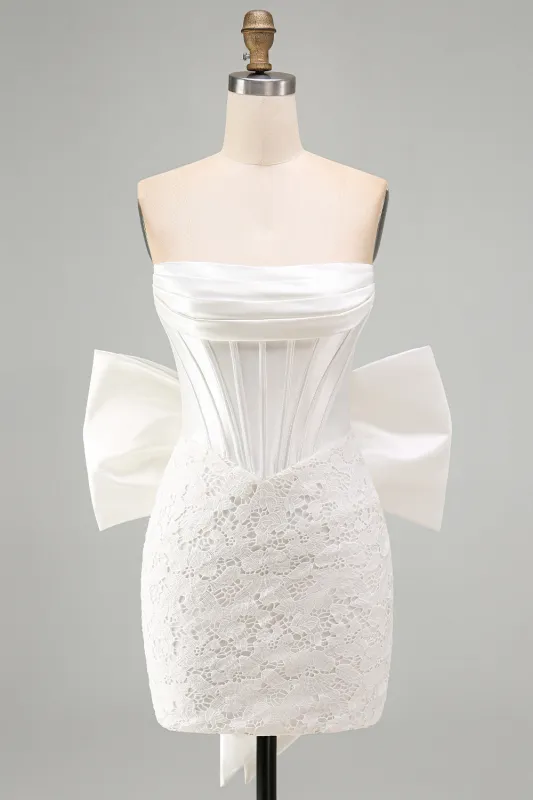 White Strapless Lace Bodycon Corset Homecoming Dress with Bow made by Wedtrend