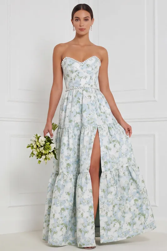 Strapless Pearl Blue White Flower A Line Long Bridesmaid Dress with Slit made by Wedtrend