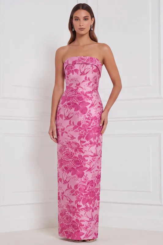 Strapless Fuchsia Sheath Floral Bridesmaid Dress with Back Bow made by Wedtrend