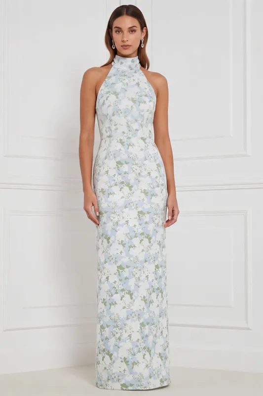 Halter Blue White Flower Sheath Bridesmaid Dress with Slit made by Wedtrend