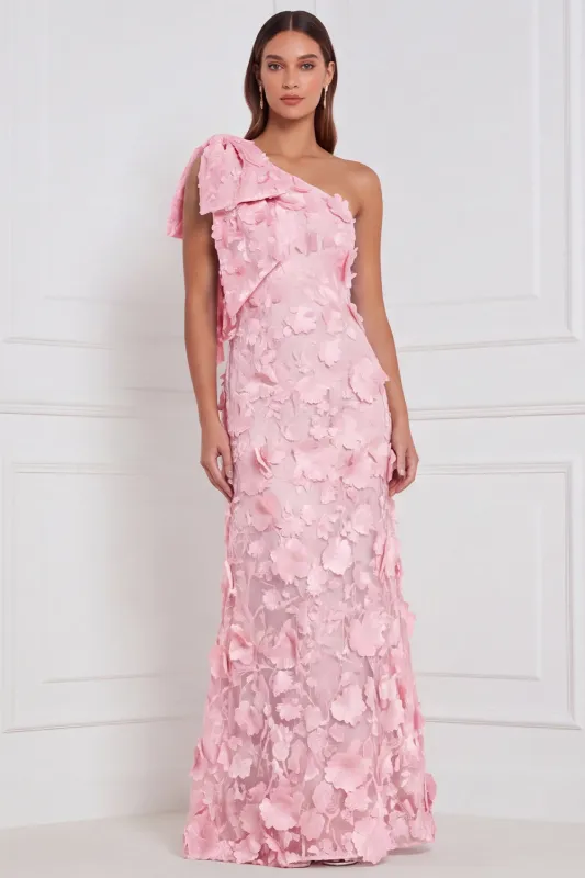 Pink One Shoulder 3D Flower Mermaid Bridesmaid Dress with Bow made by Wedtrend