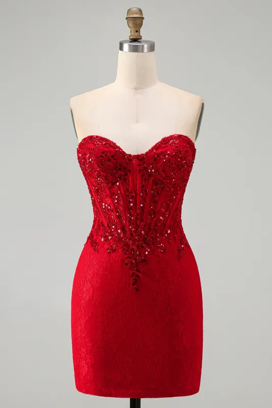 Red Strapless Beaded Bodycon Corset Homecoming Dress with Sequins made by Wedtrend