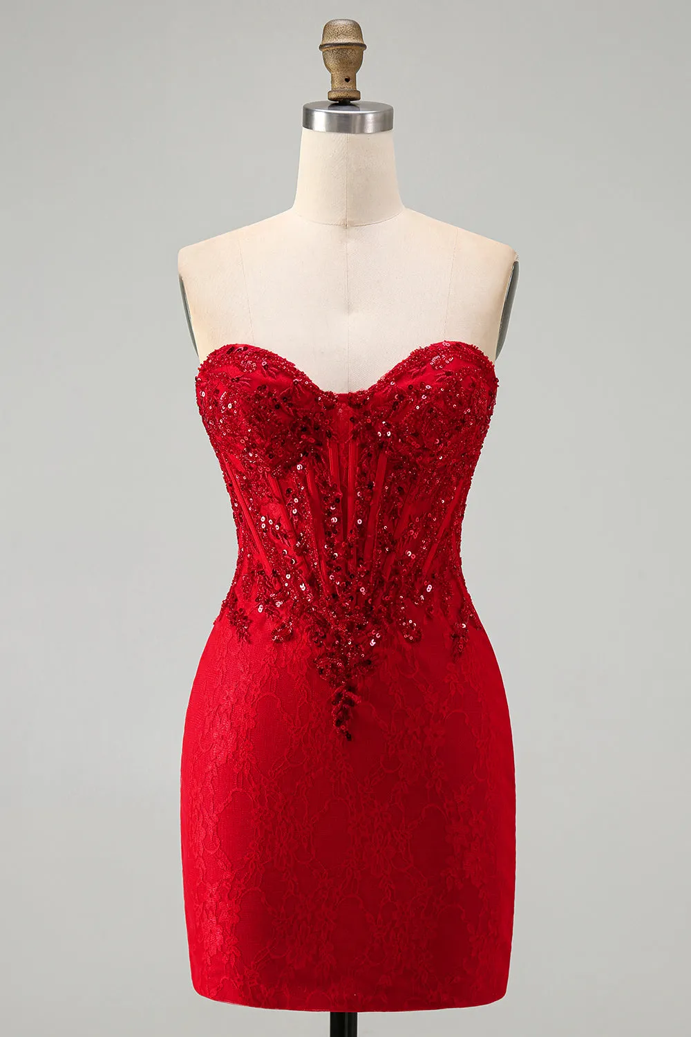 Red Strapless Beaded Bodycon Corset Homecoming Dress with Sequins sold by Wedtrend